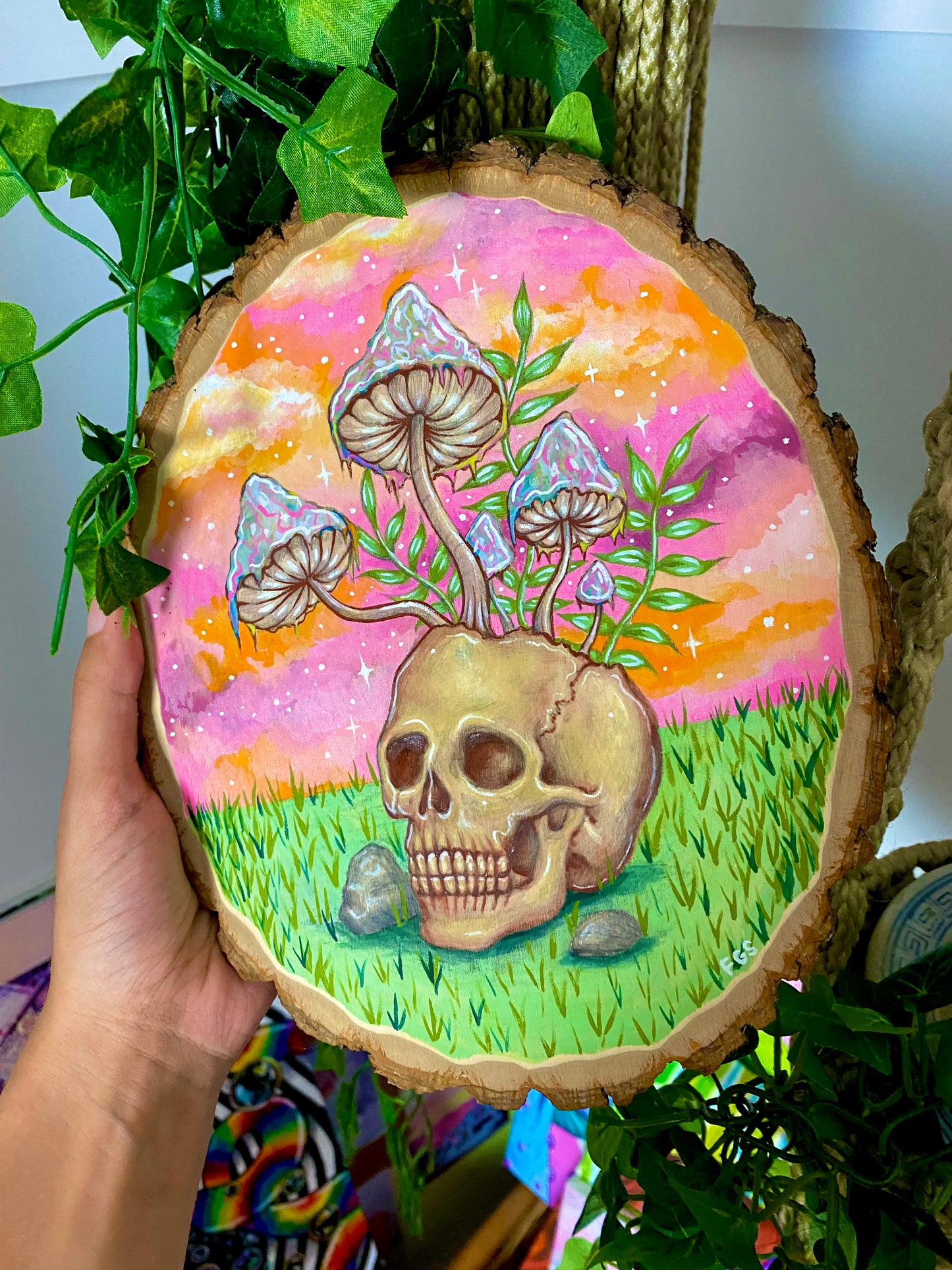 Original Skull Gouache Painting On Wood Slice