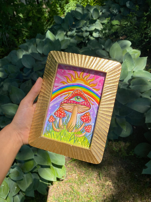 Mushroom Rainbow Original Framed 4x6 Gouache Painting 🌈🍄👁🦋🎨🧚🏼