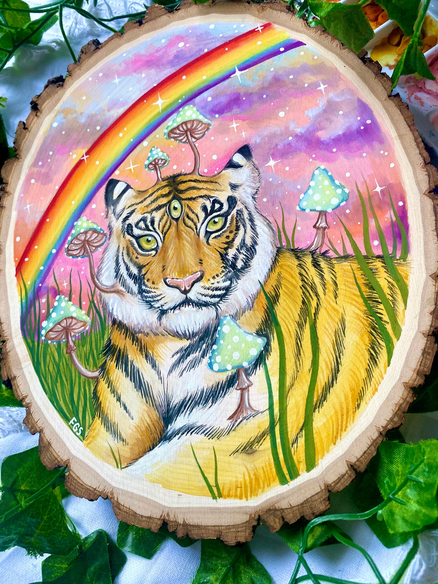 Trippy Tiger Original Gouache Painting On Wood