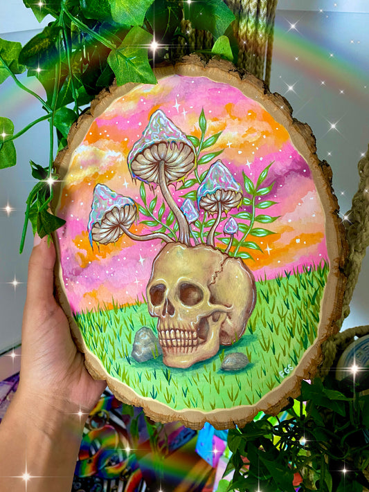 Original Skull Gouache Painting On Wood Slice