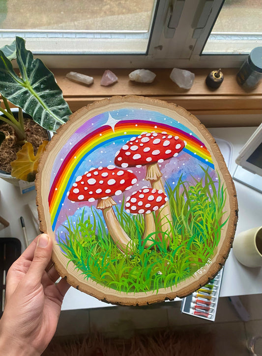 Original Gouache Mushroom Painting On Wood Round 🎨🧚🏼✨
