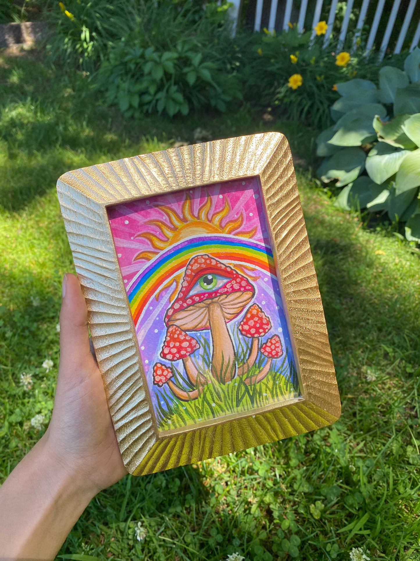 Mushroom Rainbow Original Framed 4x6 Gouache Painting 🌈🍄👁🦋🎨🧚🏼